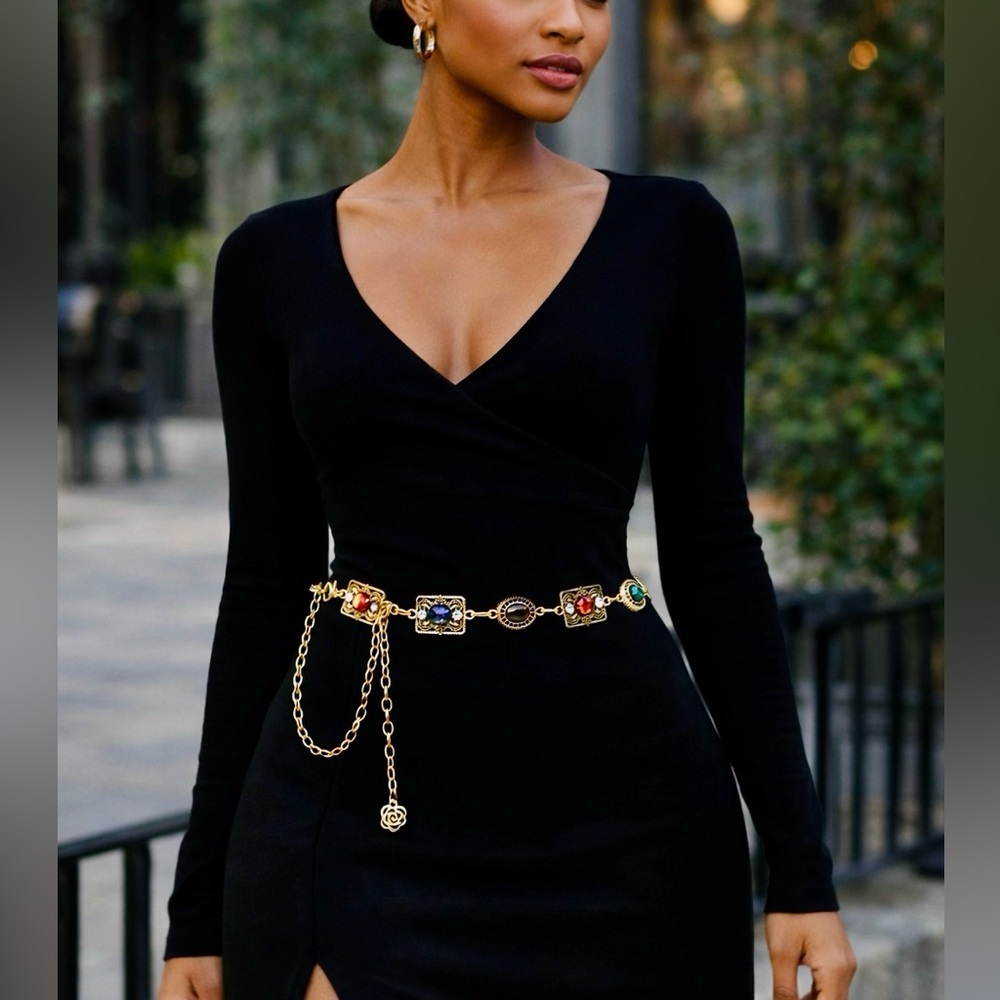 Multi-Color Gemstone Gold Tone Waist Chain Belt | Boho Bridal Festival Statement